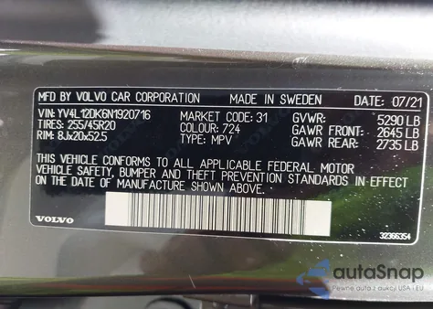 2022 Volvo Xc60 B5 Momentum from USA, damaged, VIN YV4L12DK6N1920716